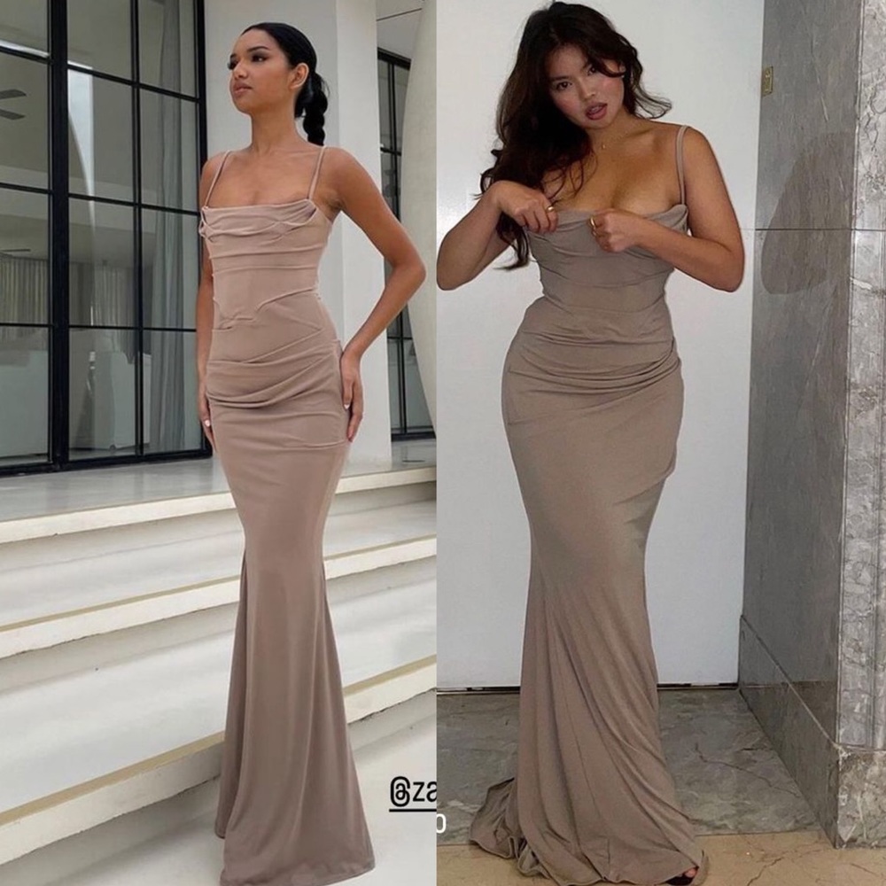House of CB Milena Dress almond Jersey corset maxi dress gown size XS NWOT